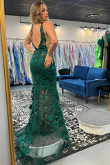 Long Mermaid Prom Dress in Dark Green with Deep V-Neck and Tulle Appliques