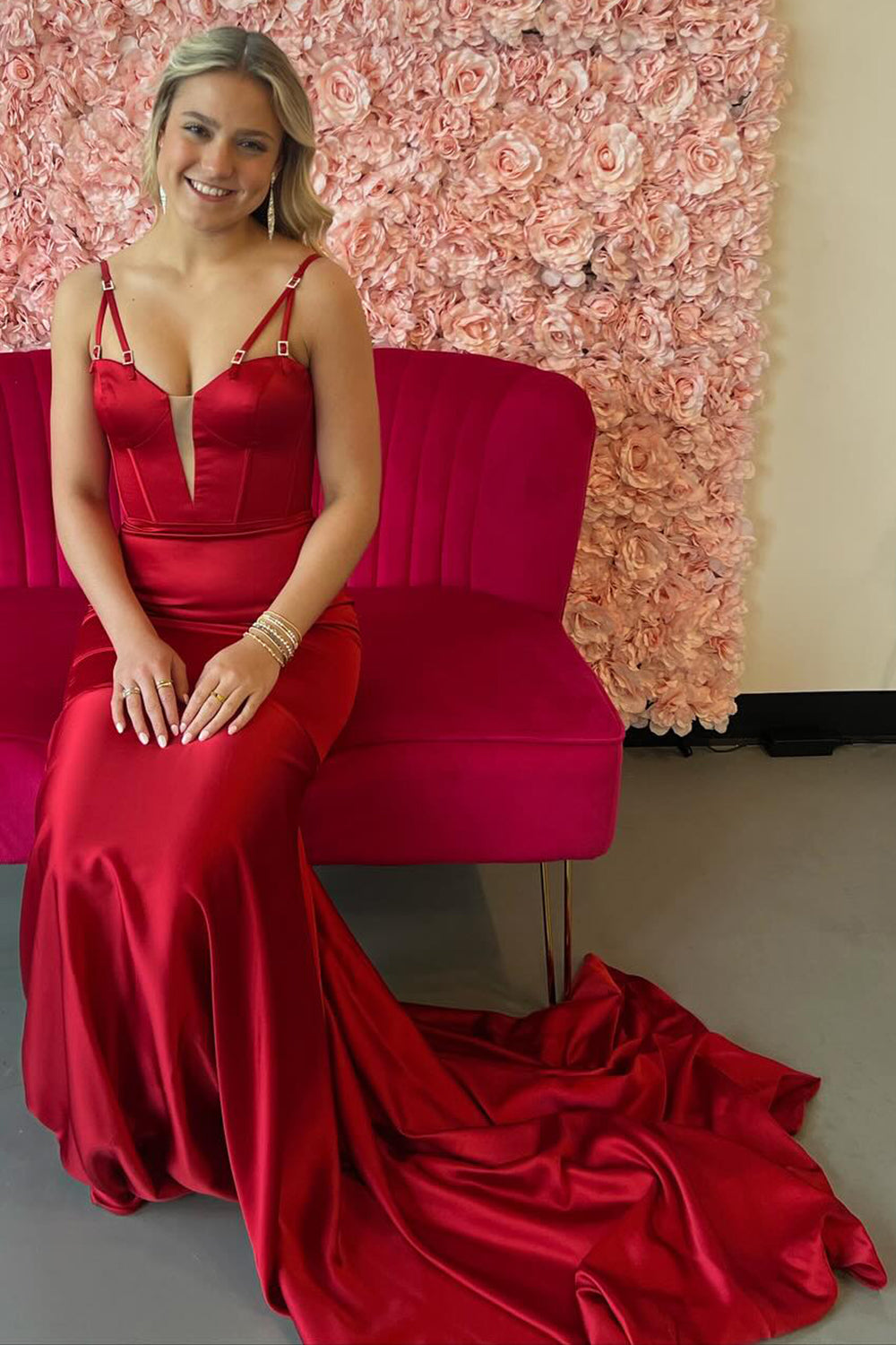 Long Satin Mermaid Prom Dress with Burgundy Spaghetti Straps and Corset