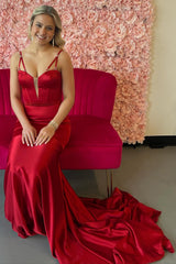Long Satin Mermaid Prom Dress with Burgundy Spaghetti Straps and Corset