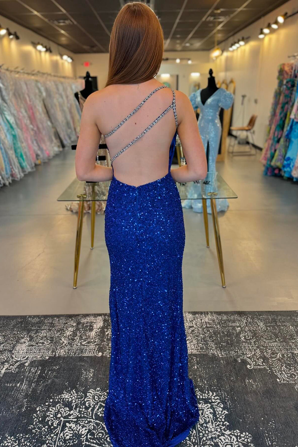 One Shoulder Royal Blue Sequined Mermaid Prom Dress with Cut-Out Detail and High Slit