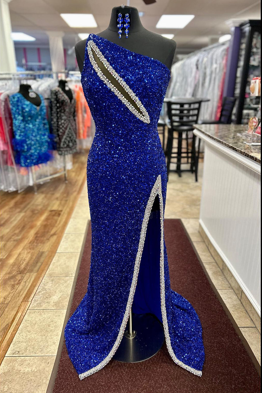 One Shoulder Royal Blue Sequined Mermaid Prom Dress with Cut-Out Detail and High Slit