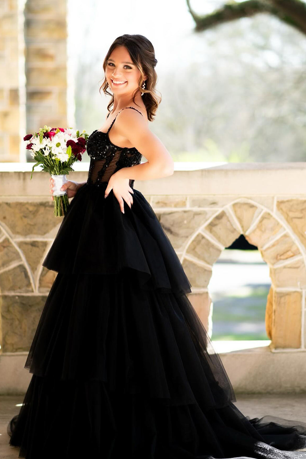Long Corset Prom Dress in Black with Spaghetti Straps A-Line Tulle Tiered Design and Appliques