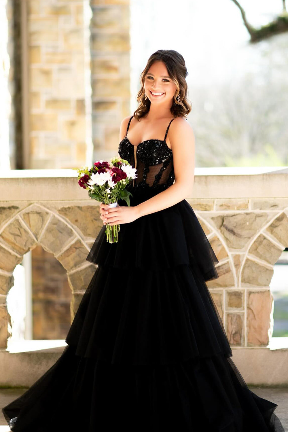 Long Corset Prom Dress in Black with Spaghetti Straps A-Line Tulle Tiered Design and Appliques