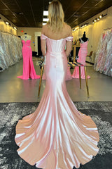 Satin Mermaid Corset Prom Dress in Light Pink with Off-Shoulder Design