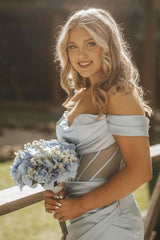 Long Grey Satin Mermaid Prom Dress with Off-Shoulder Neckline and Slit