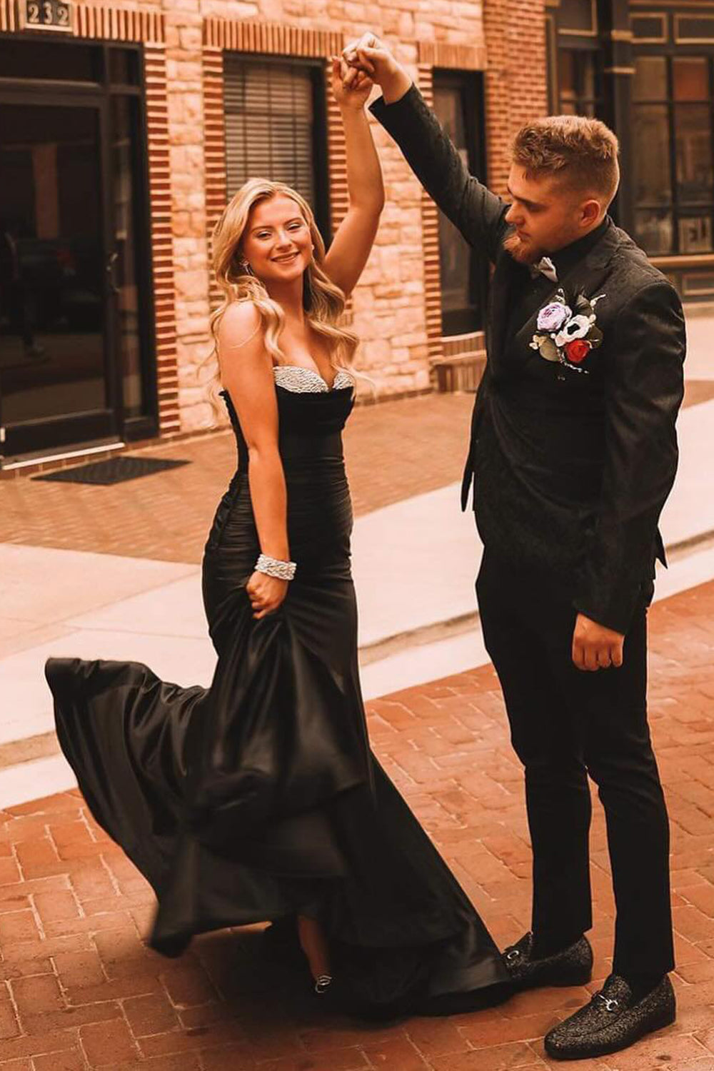 Long Black Satin Mermaid Prom Dress with Ruched Strapless Design and Beading