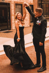 Long Black Satin Mermaid Prom Dress with Ruched Strapless Design and Beading