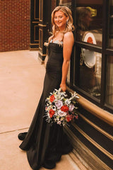 Long Black Satin Mermaid Prom Dress with Ruched Strapless Design and Beading