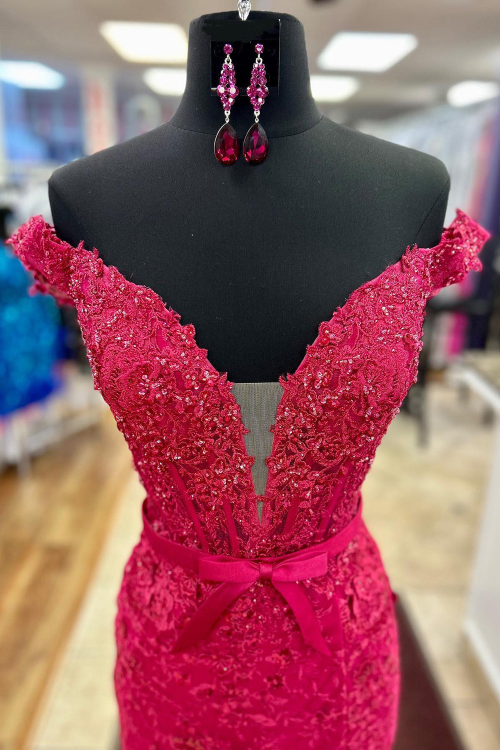Long Mermaid Prom Dress in Fuchsia with Off-Shoulder Corset and Appliques