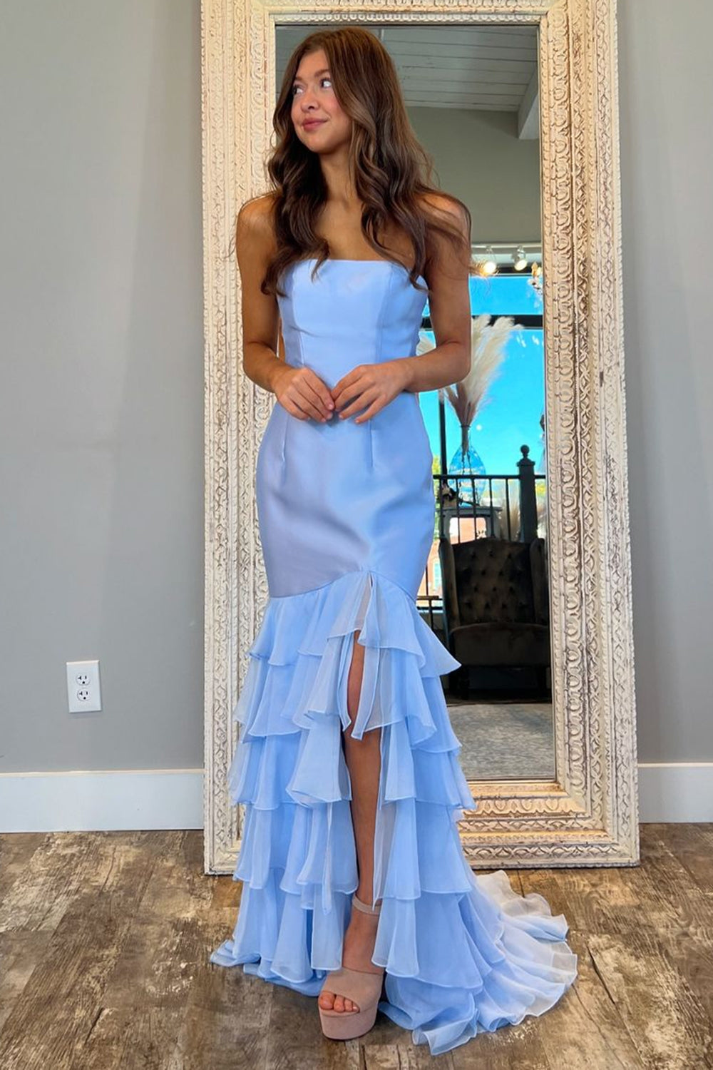 Stylish Blue Strapless Tiered Mermaid Gown with Slit for Prom
