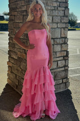 Stylish Blue Strapless Tiered Mermaid Gown with Slit for Prom
