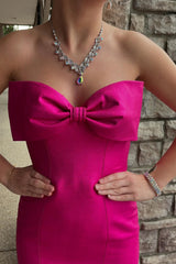 Long Fuchsia Prom Dress in Sweetheart Satin with Mermaid Cut and Bow