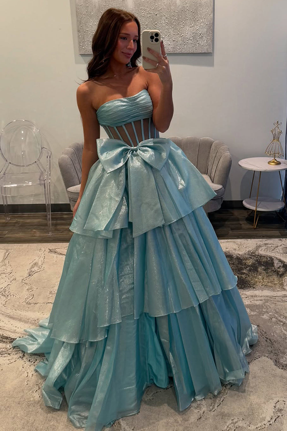 Strapless Long Pink Corset Prom Dress with A Line Tiered Skirt and Slit