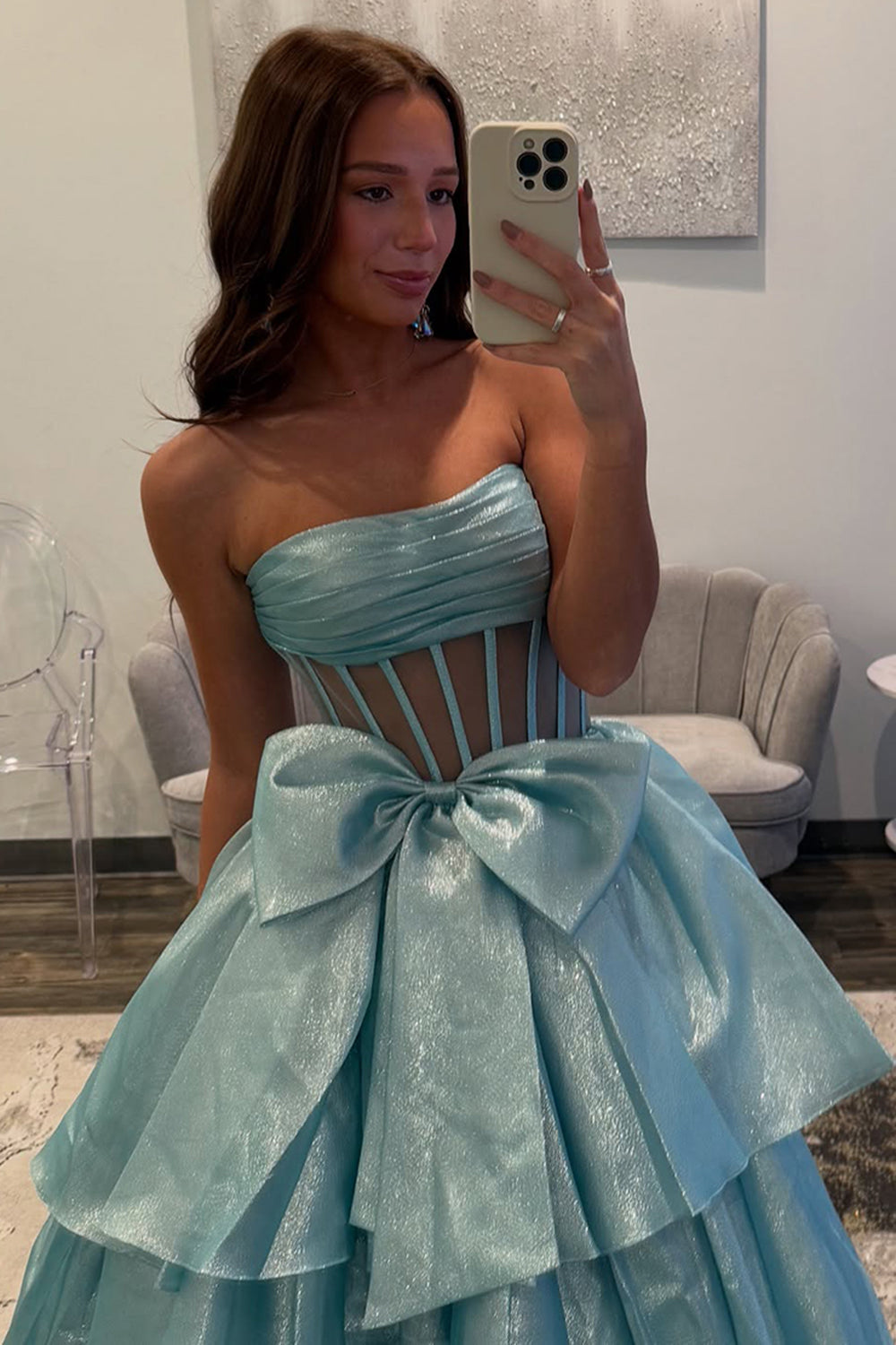 Strapless Long Pink Corset Prom Dress with A Line Tiered Skirt and Slit