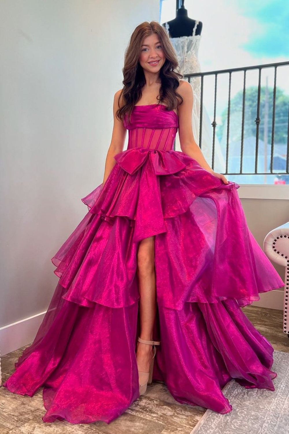 Long A Line Prom Dress in Light Blue with Tiered Corset and Bowknot Slit
