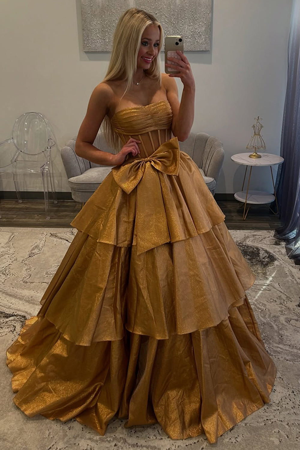 Long A Line Prom Dress in Light Blue with Tiered Corset and Bowknot Slit