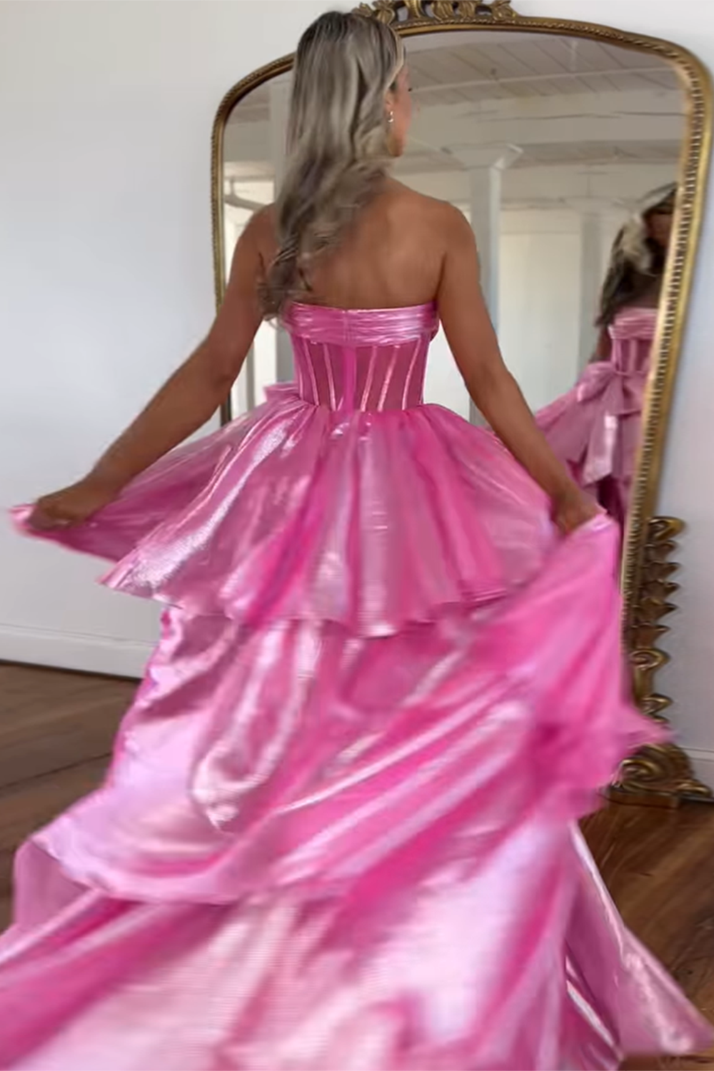 Long A Line Prom Dress in Light Blue with Tiered Corset and Bowknot Slit