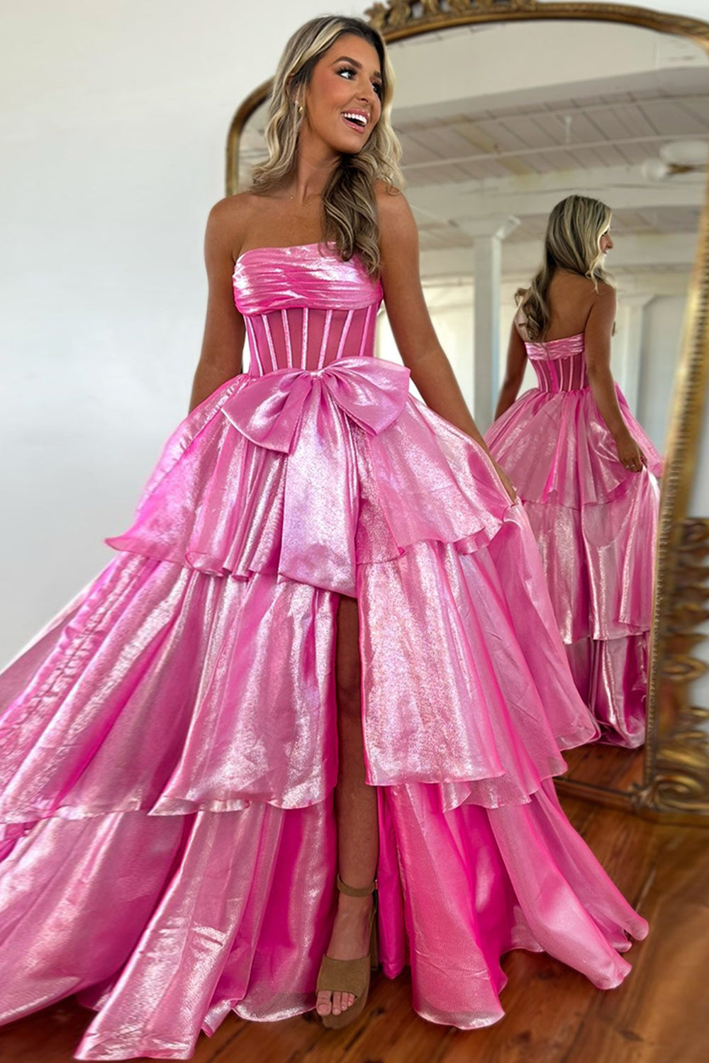 Blue Glitter Long A Line Strapless Corset Prom Dress with Tiered Slit