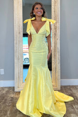 Yellow Beaded Mermaid Prom Dress with Glitter and Bows in Deep V-neck