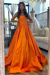 Stylish Orange Strapless Satin Long A-Line Prom Gown
