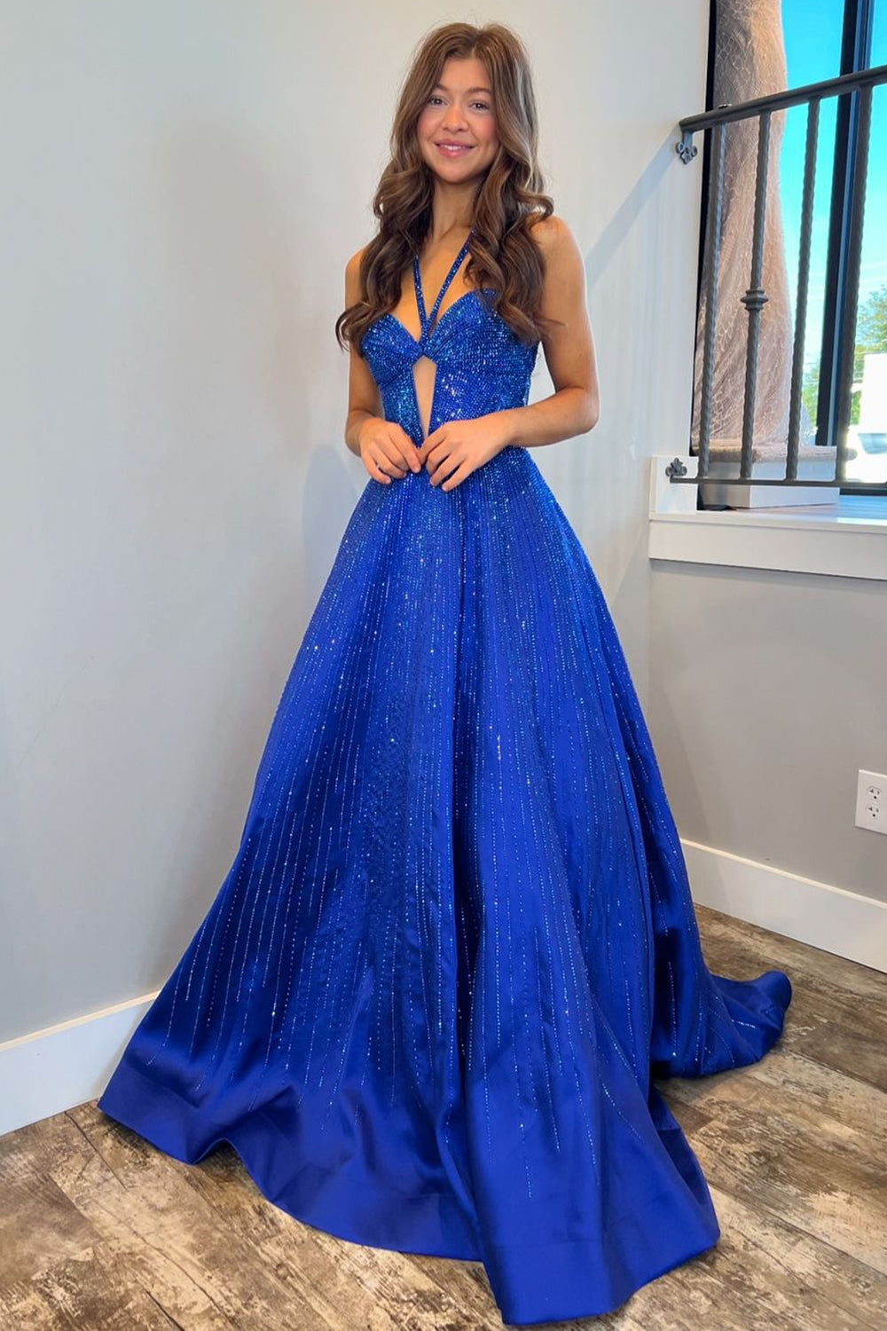 Royal Blue Beaded Halter Neck Long Corset Prom Dress with Glitter and A-Line