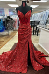 Long Mermaid Corset Prom Dress with Sparkly Red Sweetheart Sequins and Slit