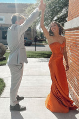 Long Orange Prom Dress with Sweetheart Neckline Satin Ruched Mermaid Style and Beading