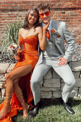 Long Orange Prom Dress with Sweetheart Neckline Satin Ruched Mermaid Style and Beading
