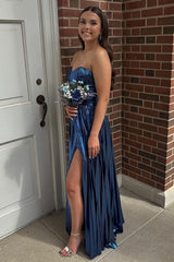 Long Navy Metallic A-Line Corset Prom Dress with Pleats and Sweetheart Slit