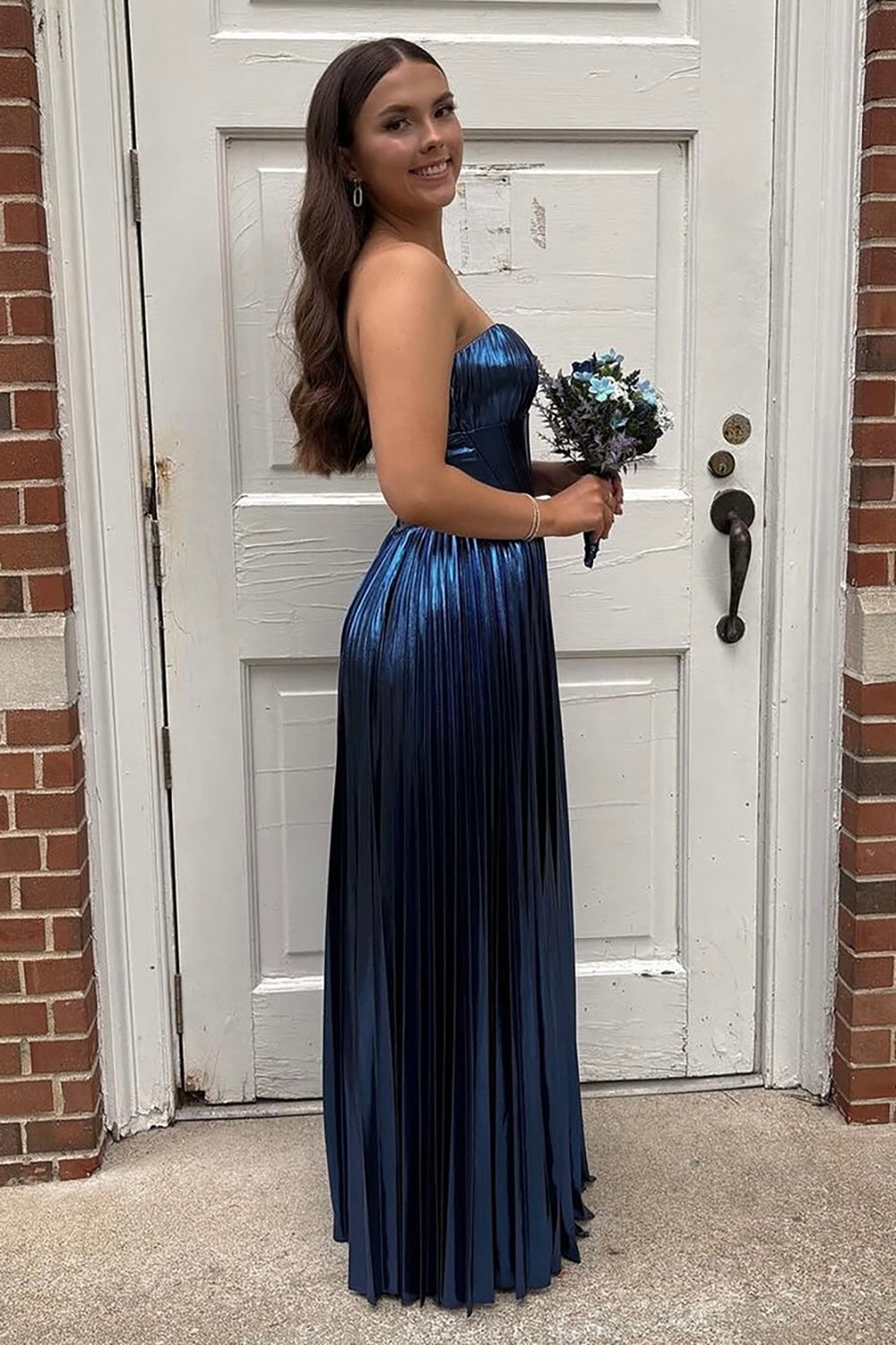 Long Navy Metallic A-Line Corset Prom Dress with Pleats and Sweetheart Slit