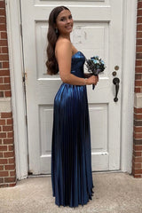 Long Navy Metallic A-Line Corset Prom Dress with Pleats and Sweetheart Slit