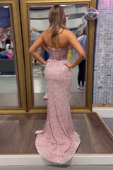 Long Sparkly Corset Prom Dress with Blush Sequins and Slit