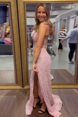 Long Sparkly Corset Prom Dress in Blush with Sequins and Slit