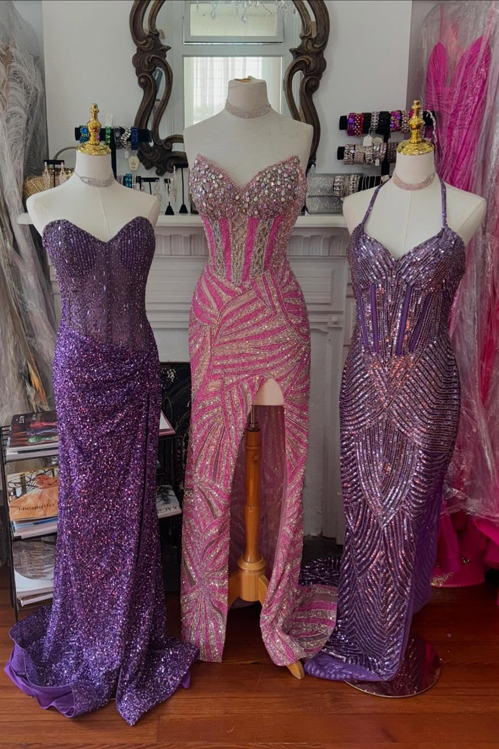 Long Sparkly Corset Prom Dress in Blush with Sequins and Slit