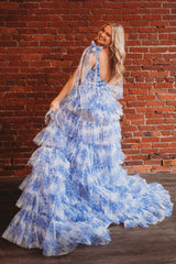 A-Line Tiered Prom Dress in Blue Floral Print Featuring Bow-Tie Straps