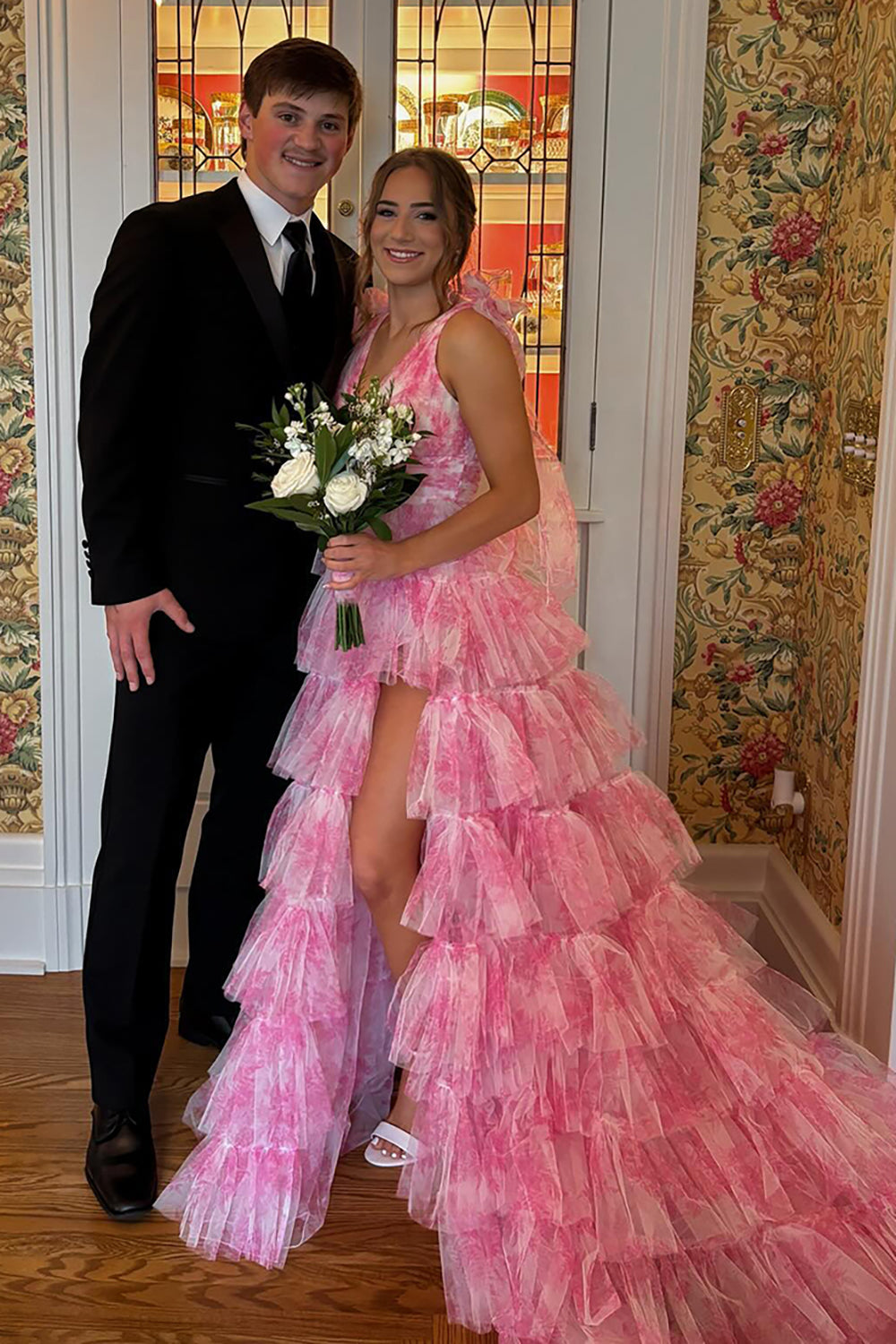 A-Line Tiered Prom Dress in Blue Floral Print Featuring Bow-Tie Straps