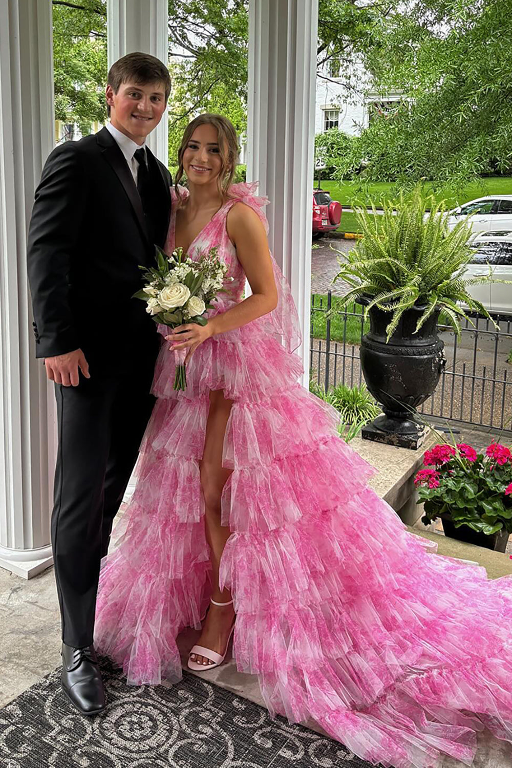 V-neck A-Line Long Prom Dress in Blue Floral Print with Ruffles and Slit