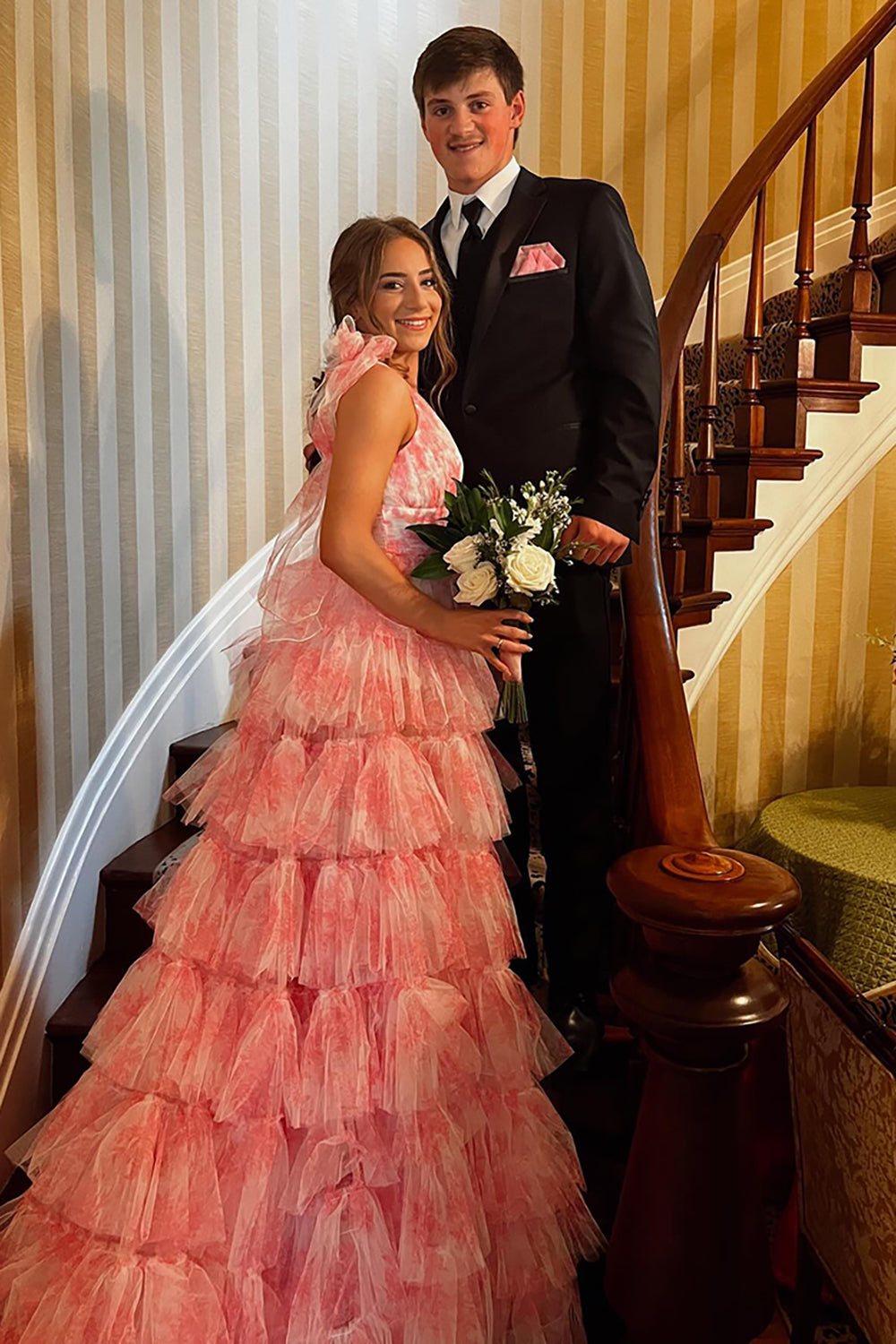 V-neck A-Line Long Prom Dress in Blue Floral Print with Ruffles and Slit