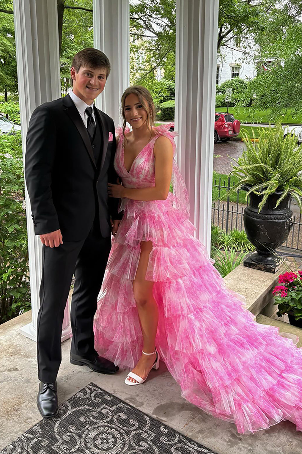 V-neck A-Line Long Prom Dress in Blue Floral Print with Ruffles and Slit