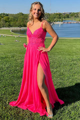 Long A-Line Chiffon Corset Prom Dress in Fuchsia with Spaghetti Straps and Appliques