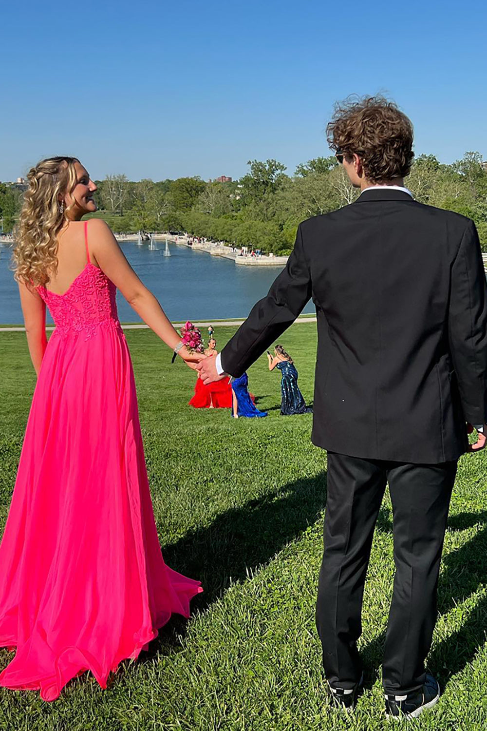Long A-Line Chiffon Corset Prom Dress in Fuchsia with Spaghetti Straps and Appliques