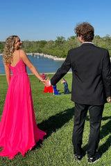 Long A-Line Chiffon Corset Prom Dress in Fuchsia with Spaghetti Straps and Appliques