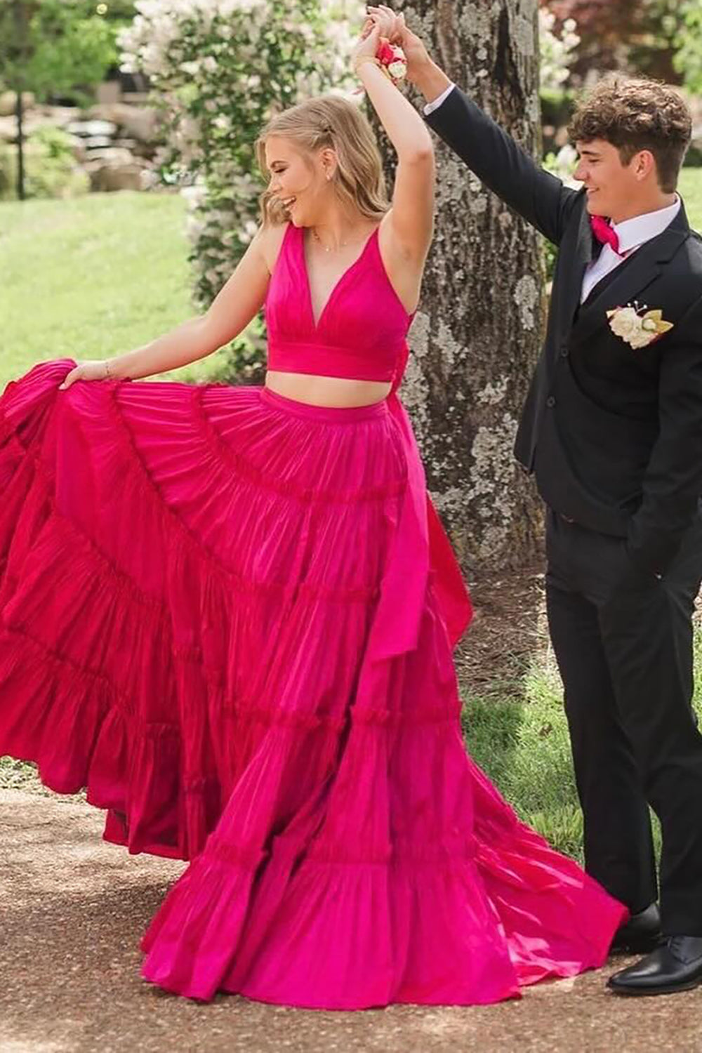 Long Prom Dress in Fuchsia with V-neck and Tiered A-Line Satin Two-Piece Design