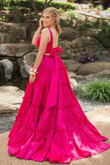 Long Prom Dress in Fuchsia with V-neck and Tiered A-Line Satin Two-Piece Design
