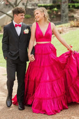 Long Prom Dress in Fuchsia with V-neck and Tiered A-Line Satin Two-Piece Design