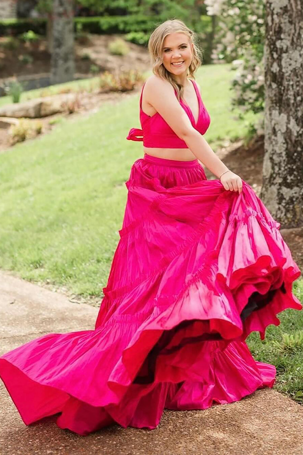Long Prom Dress in Fuchsia with V-neck and Tiered A-Line Satin Two-Piece Design