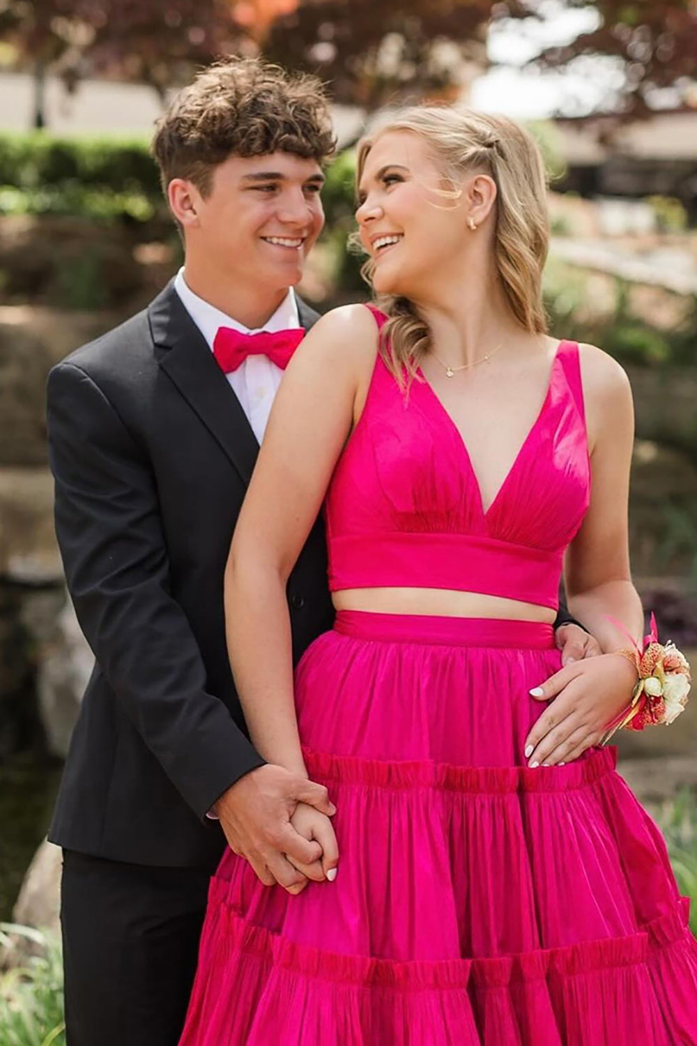 Long Prom Dress in Fuchsia with V-neck and Tiered A-Line Satin Two-Piece Design