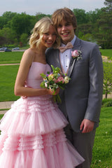 Long A-Line Prom Dress with Pink Tulle and Spaghetti Straps in Tiered Layers