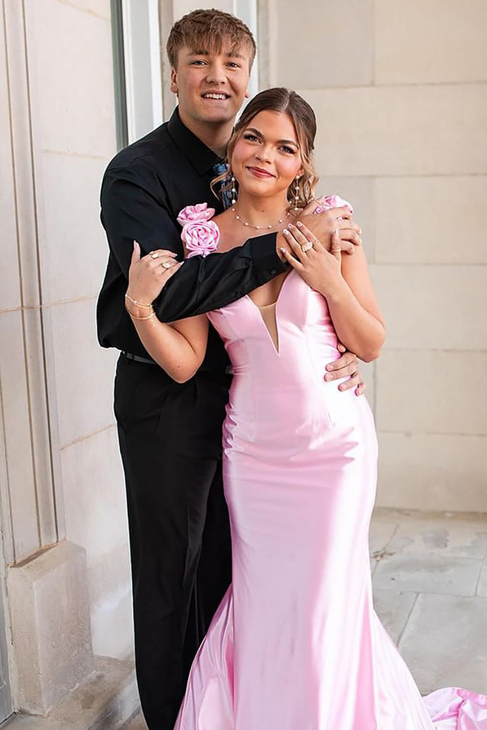 Long Satin Mermaid Prom Dress in Pink with Deep V-neck and Open Back