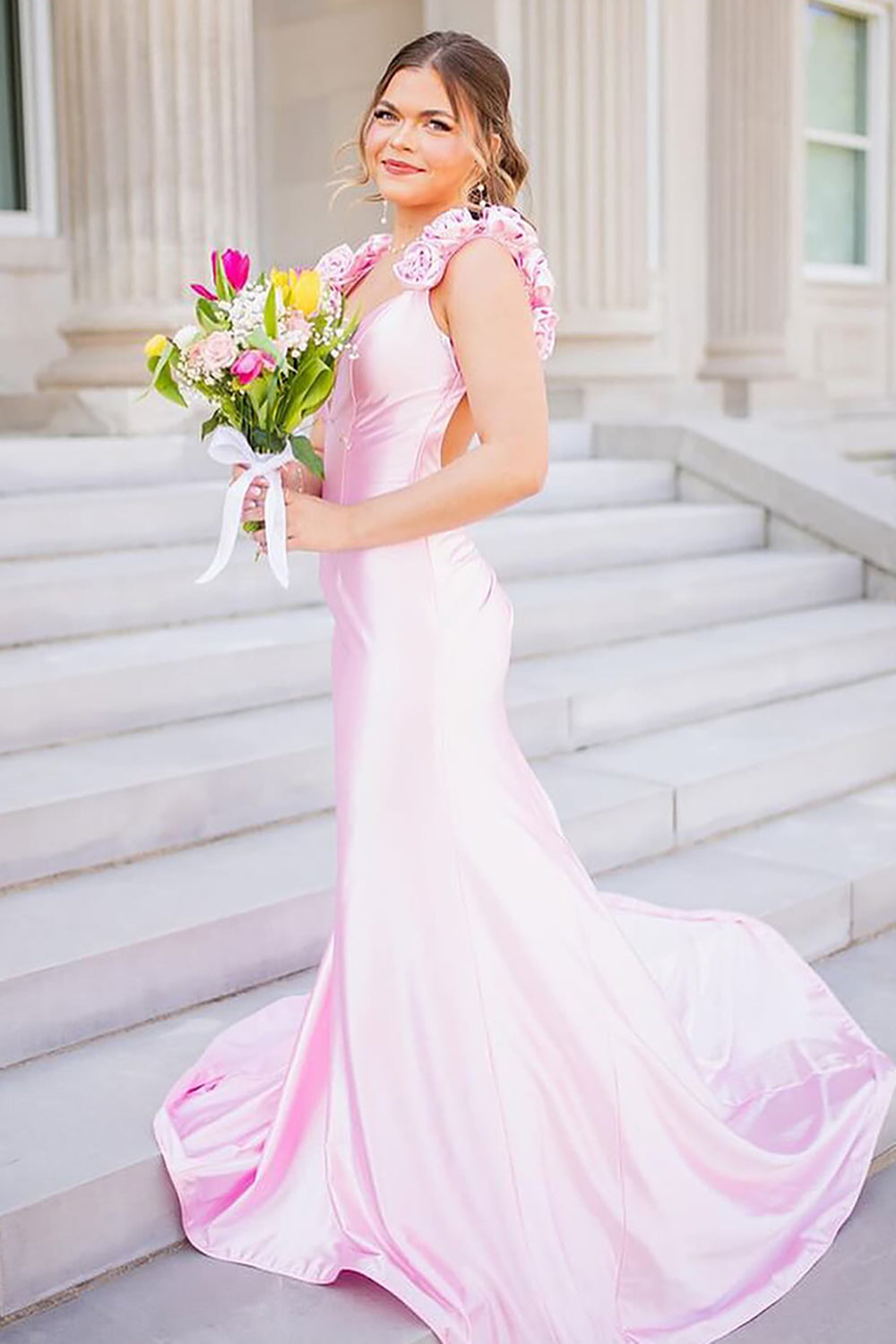 Long Satin Mermaid Prom Dress in Pink with Deep V-neck and Open Back